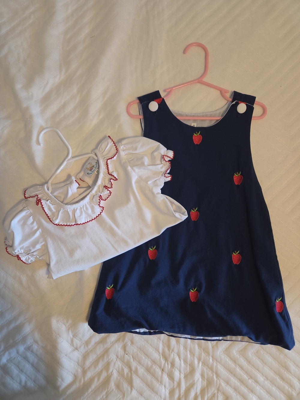 Girls Navy Apple Embroidered Jumper with White Ruffle Undershirt
